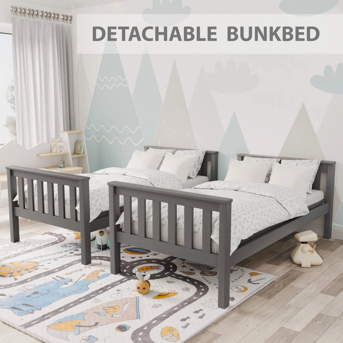 [Grey] detachable bunk bed split into two separate single beds in kids room