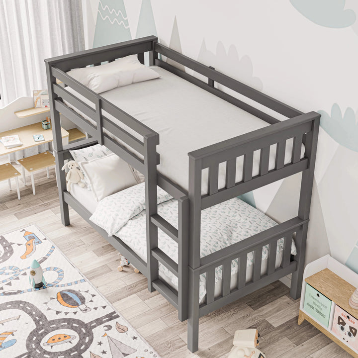 [Grey] bunk bed overhead view showing top bunk guardrails and solid construction