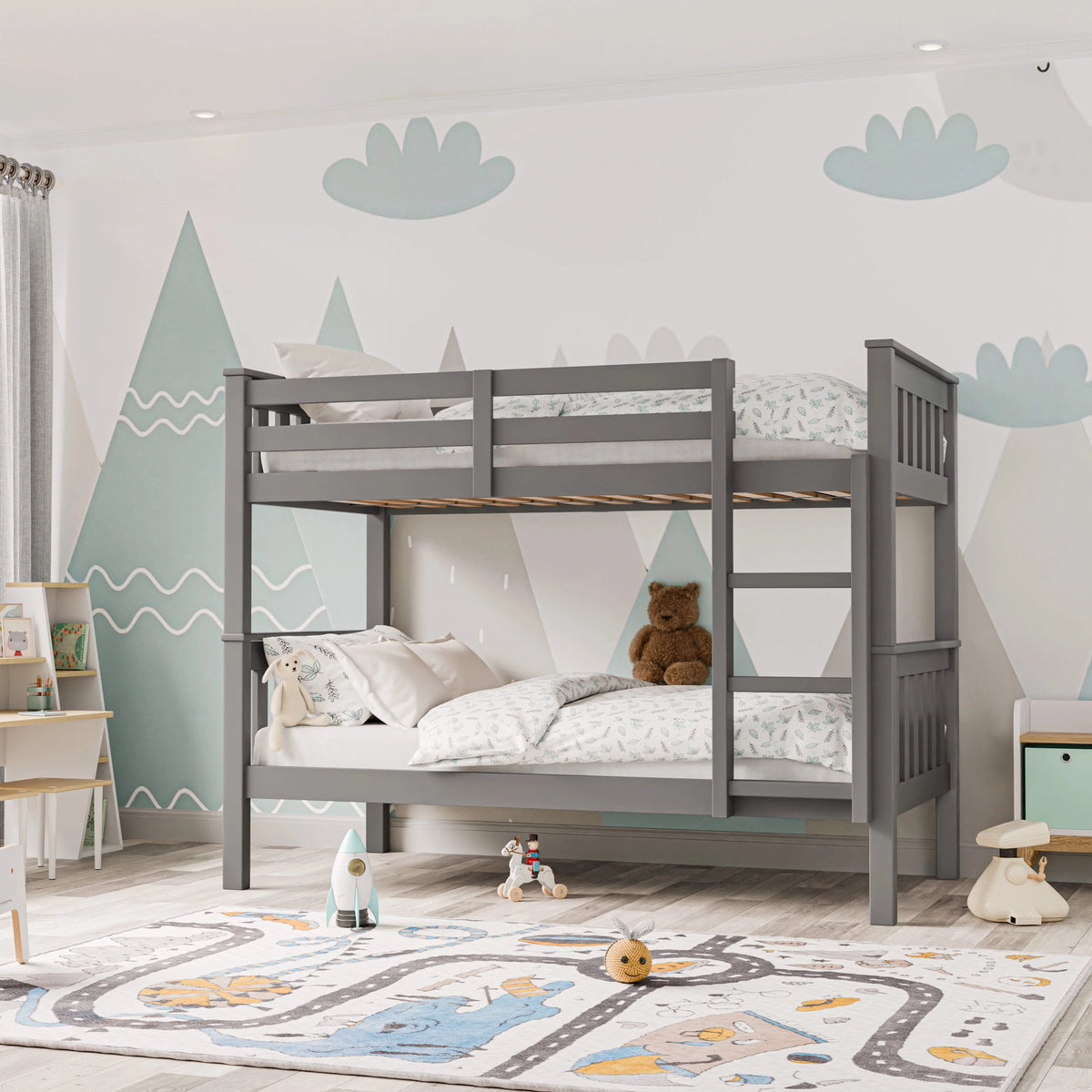 [Grey] grey detachable double bunk bed against mint mountain mural with cloud cutouts and teddy bear on lower bunk
