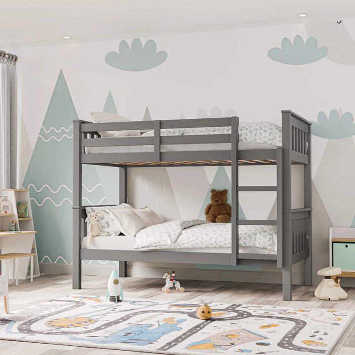 [Grey] grey detachable double bunk bed against mint mountain mural with cloud cutouts and teddy bear on lower bunk