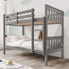 [Grey] wooden detachable double bunk bed in kids bedroom with mountain-themed wall art and toys