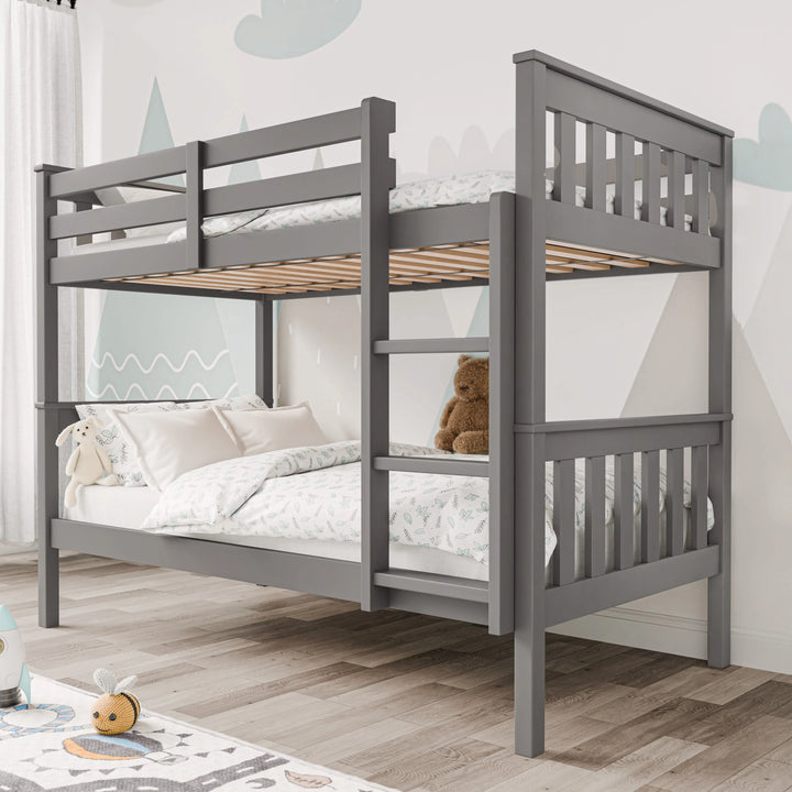 [Grey] wooden detachable double bunk bed in kids bedroom with mountain-themed wall art and toys