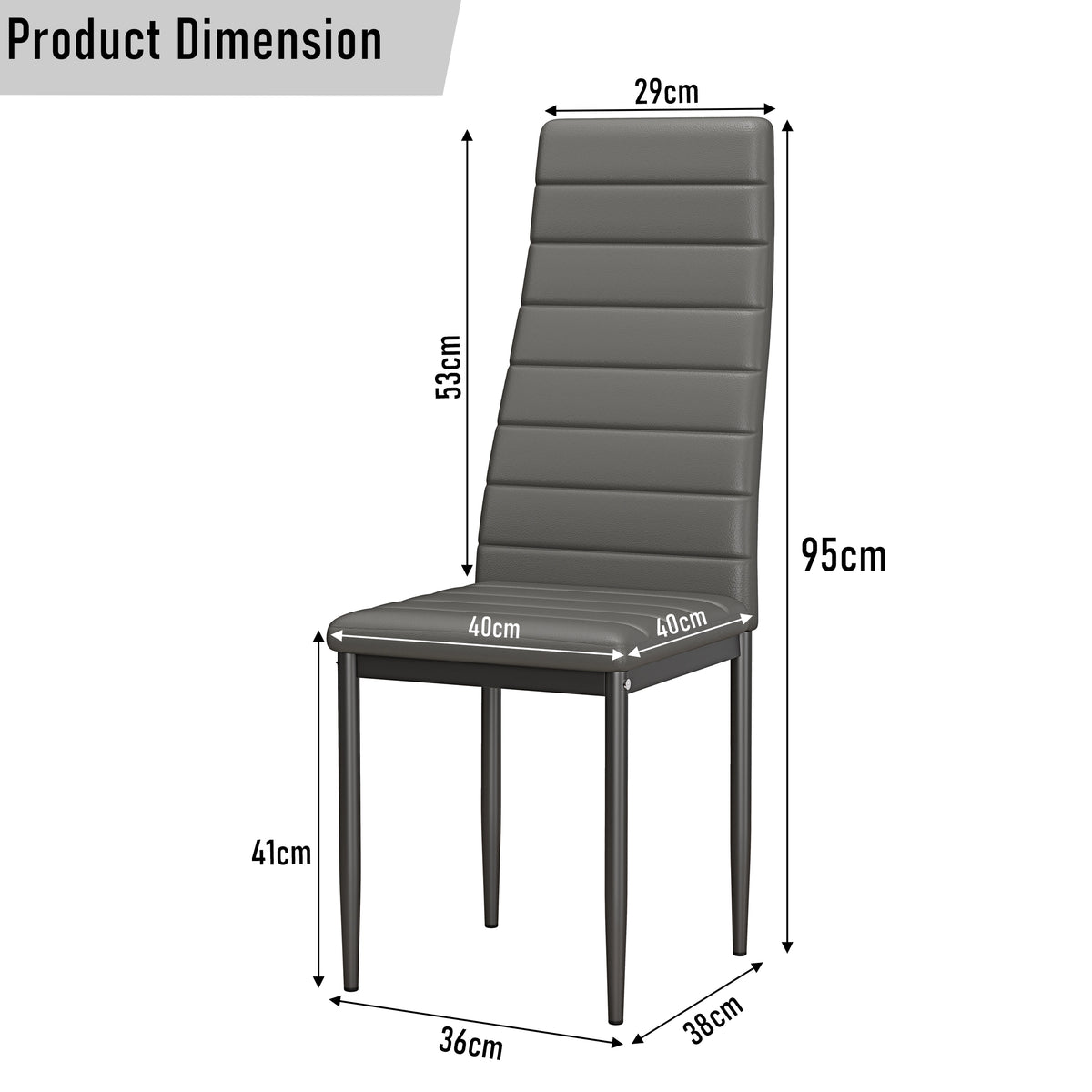 [6 Seater | Grey] grey PU leather dining chair dimensions: 95 cm height, 40 cm seat, 41 cm leg, 53 cm back