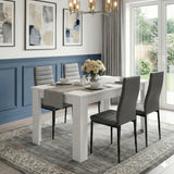[4 Seater | Grey] Dining Table and Chairs Set with four grey faux leather chairs around a white table in a formal blue panelled dining room