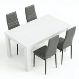 [4 Seater | Grey] Dining Table and Chairs Set on plain background showing white rectangular table with four grey faux leather chairs