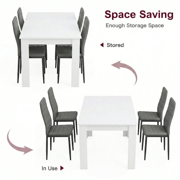 [4 Seater | Grey] Dining Table and Chairs Set shown in two configurations — grey chairs tucked in for storage and pulled out for use
