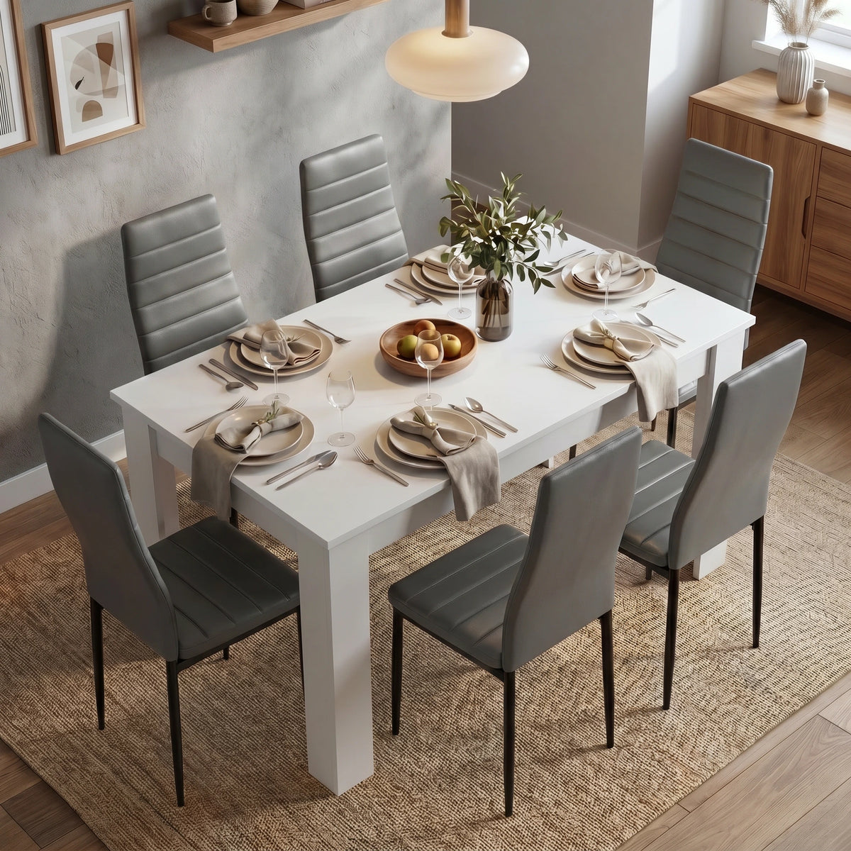 [6 Seater | Grey] Dining Table and Chairs Set viewed from above in a styled dining room with six grey chairs, place settings, and a fruit bowl centrepiece