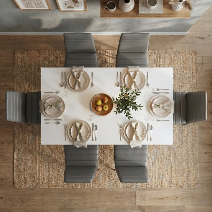 [6 Seater | Grey] Dining Table and Chairs Set seen from directly above with six place settings, linen napkins, glassware, fruit bowl, and a plant centrepiece