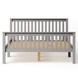 [Grey] wooden double bed frame head-on studio shot in grey, exposed pine slat base across interior