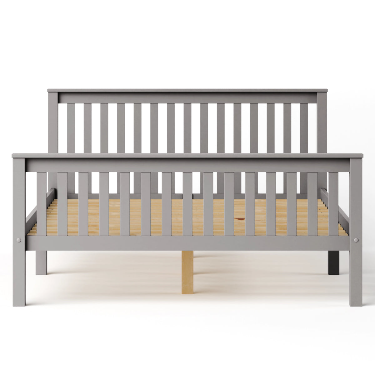 [Grey] wooden double bed frame head-on studio shot in grey, exposed pine slat base across interior
