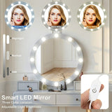 [Grey] Dressing Table With Drawers feature graphic showing three LED colour modes, brightness levels, and touch power switch on Hollywood mirror