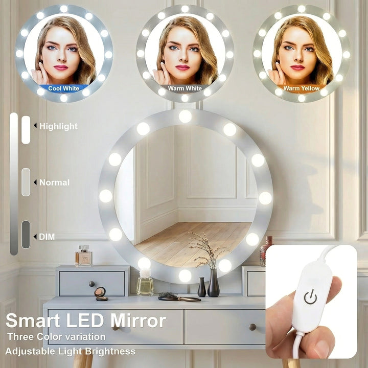 [Grey] Dressing Table With Drawers feature graphic showing three LED colour modes, brightness levels, and touch power switch on Hollywood mirror