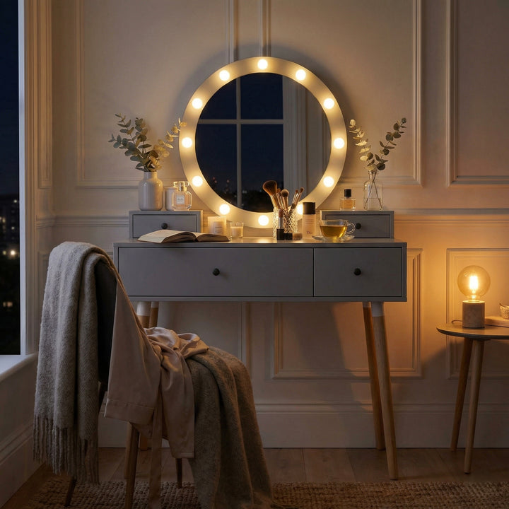 [Grey] Dressing Table With Drawers in evening setting with glowing Hollywood mirror, open book, candle, tea cup, and draped chair at window