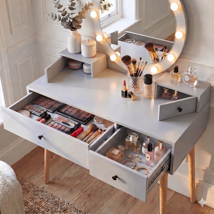 [Grey] Dressing Table With Drawers aerial view with open drawers revealing makeup palettes, brushes, lipsticks, perfumes, and jewellery inside