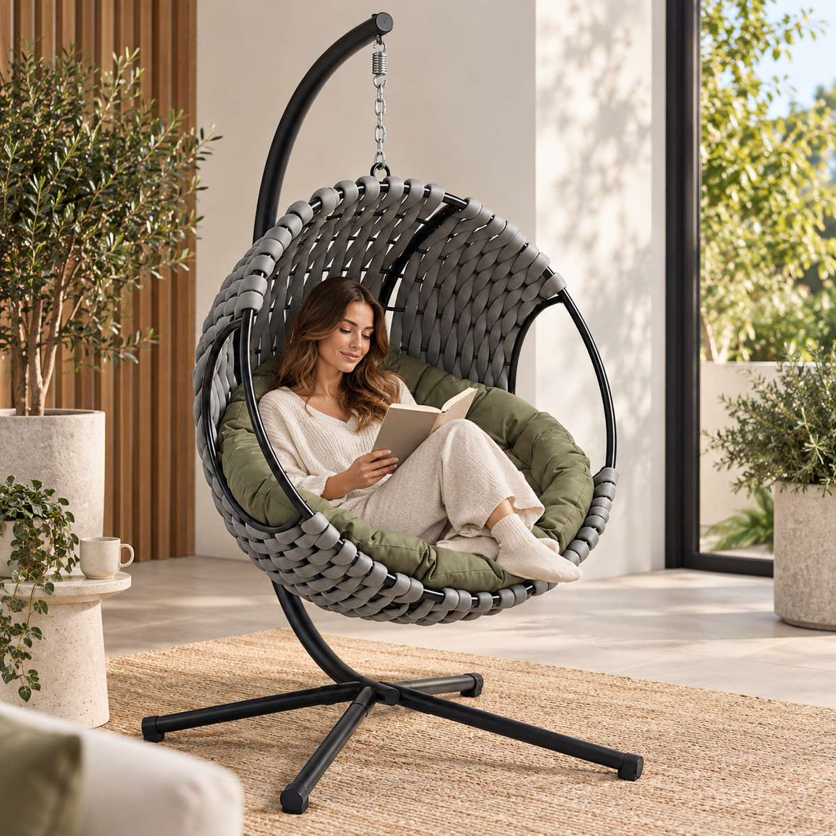 [Grey] A woman sits in a woven hanging egg chair with a black metal stand and an olive green cushion, reading a book in a bright, modern patio setting.