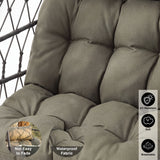 [Grey] Tufted grey cushion texture inside dark rattan egg chair frame with performance icons at right