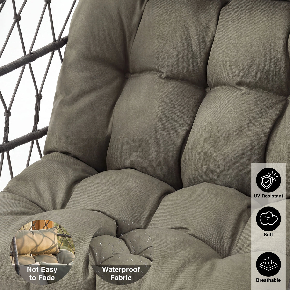 [Grey] Tufted grey cushion texture inside dark rattan egg chair frame with performance icons at right