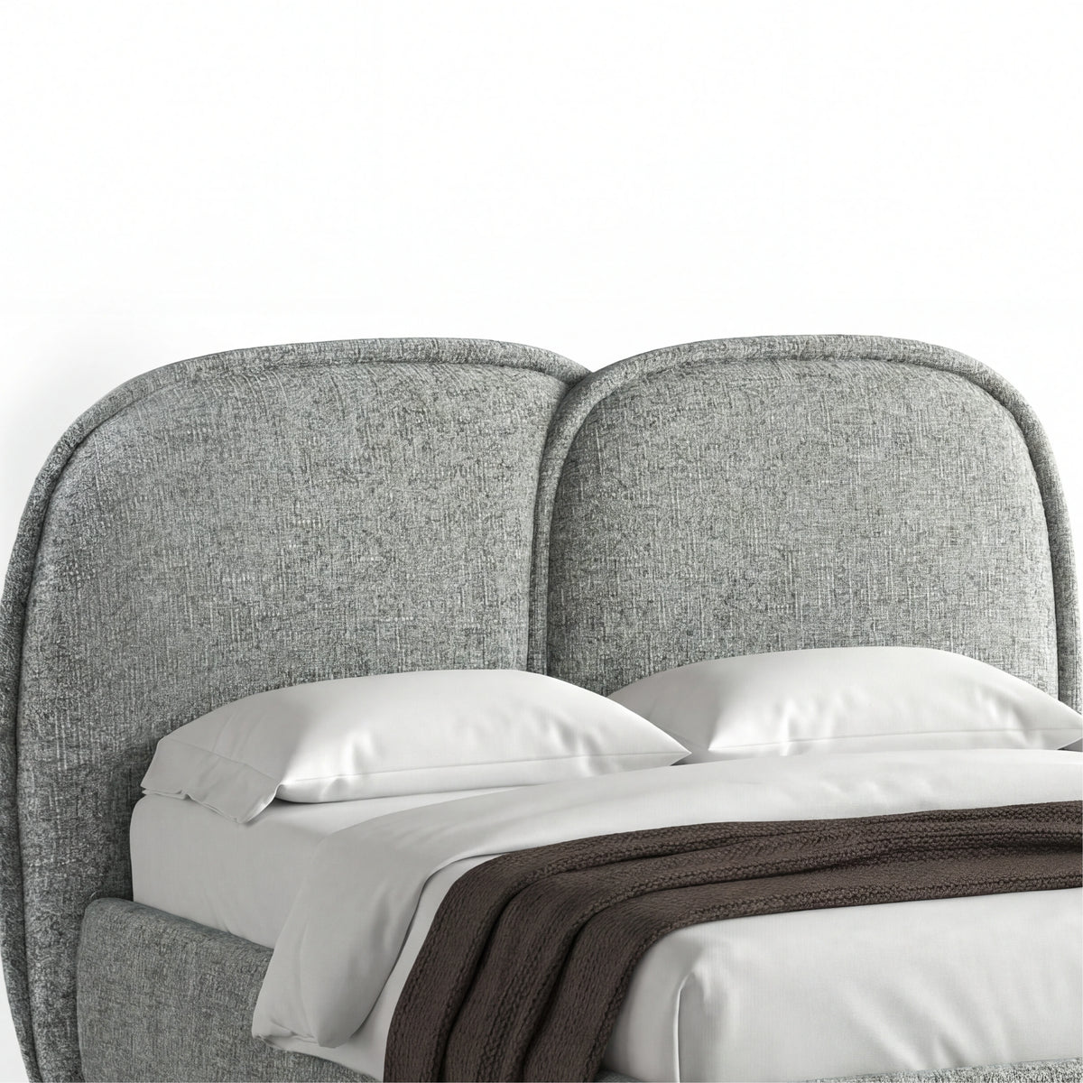 [King | Grey] Embracea dual-arch headboard close-up showing split panel design and textured chenille fabric upholstery