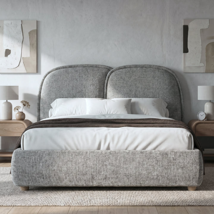 [Double | Grey] Embracea bed with double arch headboard styled front-on in a neutral bedroom interior
 