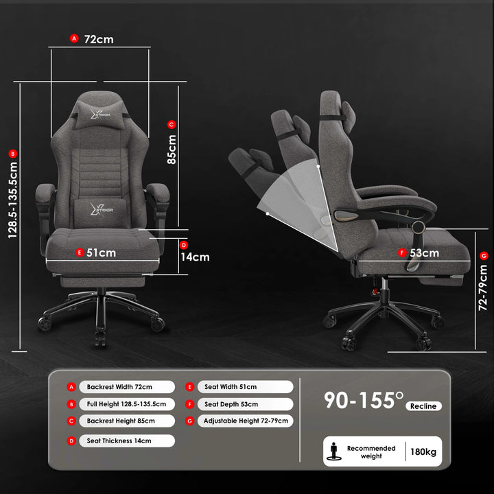 [Grey] Grey office chair with detailed measurements on a black background