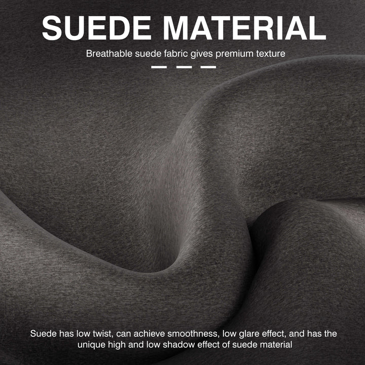 [Grey] Grey suede material with text highlighting its properties.