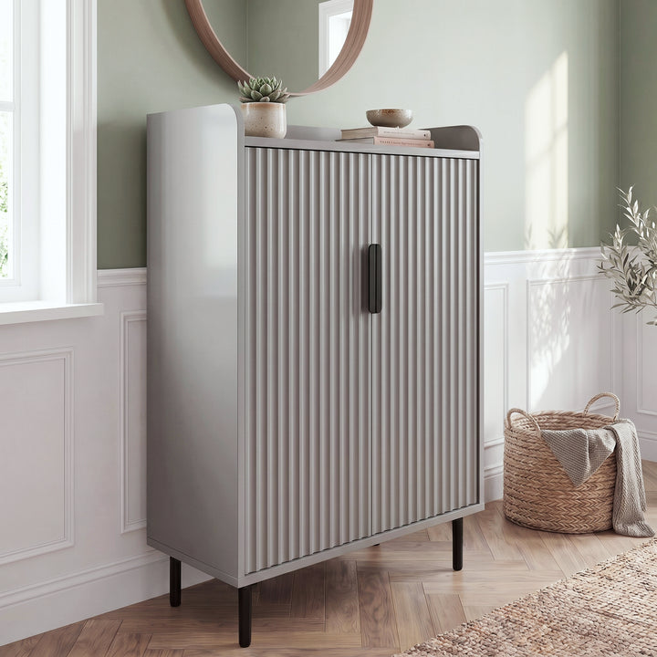 [Grey] Fluted Grey Painted 5 Tier Shoe Storage Cabinet in styled hallway with succulent and stacked books displayed on the raised-edge