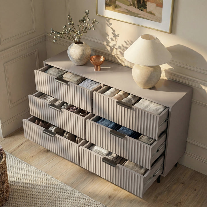 [Grey] Flutrina 6-drawer chest photographed from above with all drawers open showing folded clothing