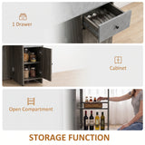 [Grey] Folding table with storage guide showing a cutlery drawer, two-shelf cabinet and two open side shelves with rods.