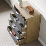 [Oak+Grey] Skova 3 Piece Bedroom Set chest of drawers in oak and grey finish with four open drawers showing organized storage for clothes and accessories.