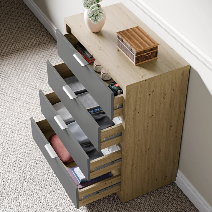 [Oak+Grey] Skova 3 Piece Bedroom Set chest of drawers in oak and grey finish with four open drawers showing organized storage for clothes and accessories.