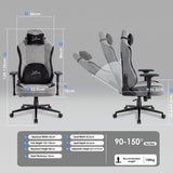 [Grey] Xstriker ergonomic chair dimensions and recline range chart, supporting up to 150kg with adjustable height and seat depth.