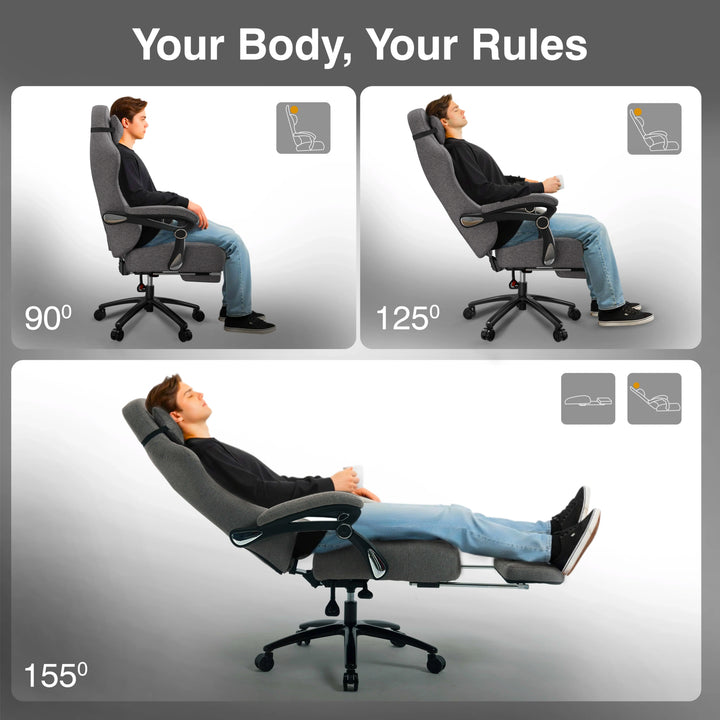 [Grey] Ergonomic chair with features highlighted on a dark background