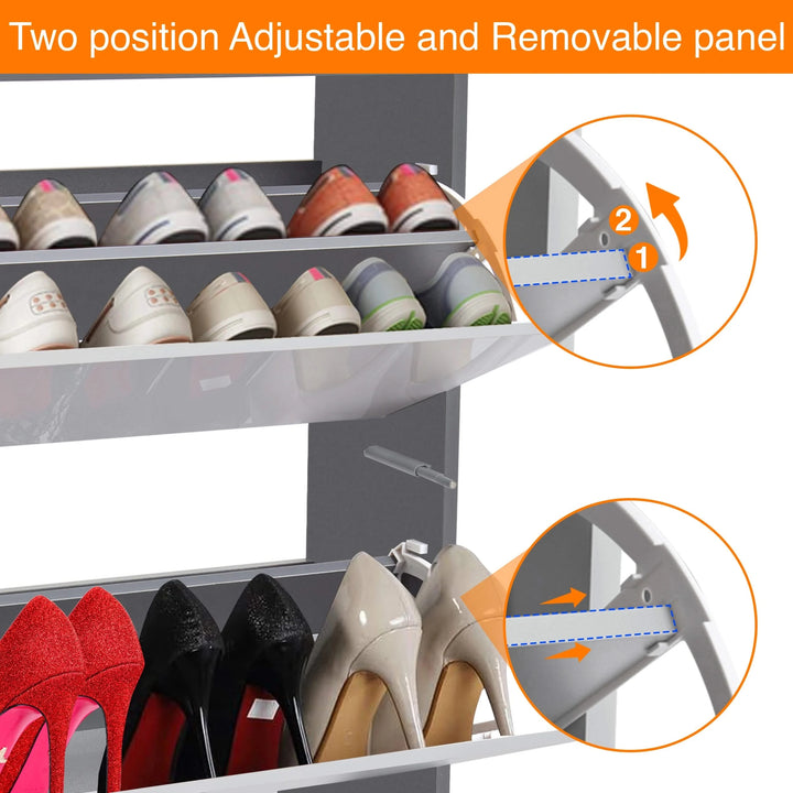 [Silver Grey & Dark Grey] two tone grey shoe cabinet close-up of the two position adjustable and removable divider panel