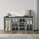 [Grey] Hallway shoe storage bench with cushion and adjustable shelves in grey, featuring 9 compartments