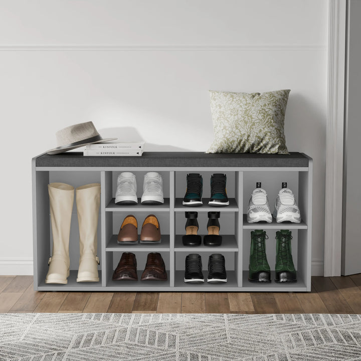[Grey] Hallway shoe storage bench with cushion and adjustable shelves in grey, featuring 9 compartments