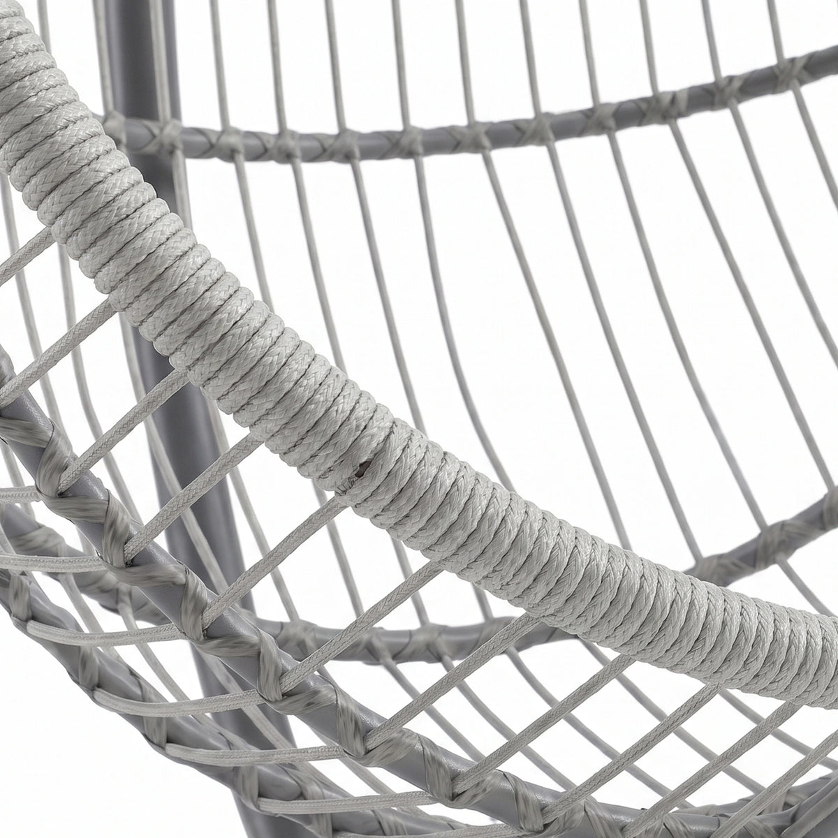 [Grey] Close-up of a gray woven chair with a rope seat on a white background