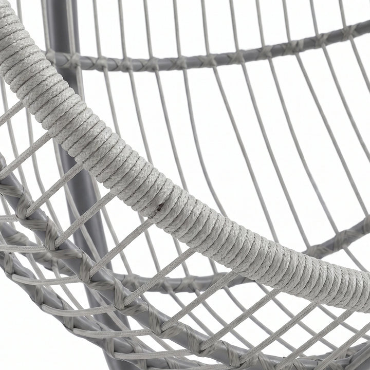 [Grey] Close-up of a gray woven chair with a rope seat on a white background