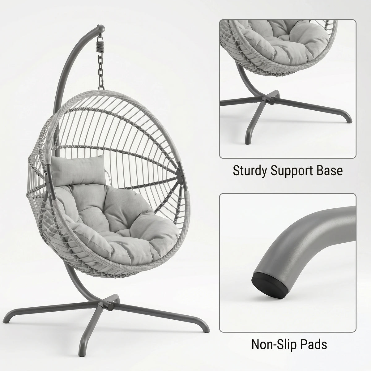 [Grey] hanging egg chair with cushions on a white background, featuring text on support base and non-slip pads