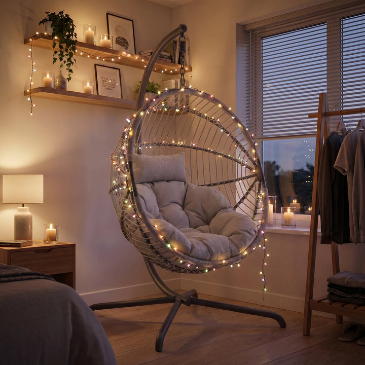 [Grey] Hanging egg chair with lights in a cozy room setting