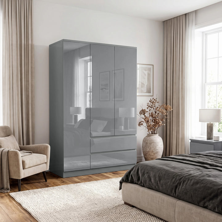 [Grey] High gloss 3 door wardrobe with drawers in grey featuring handleless push-open doors and two bottom drawers in a modern room