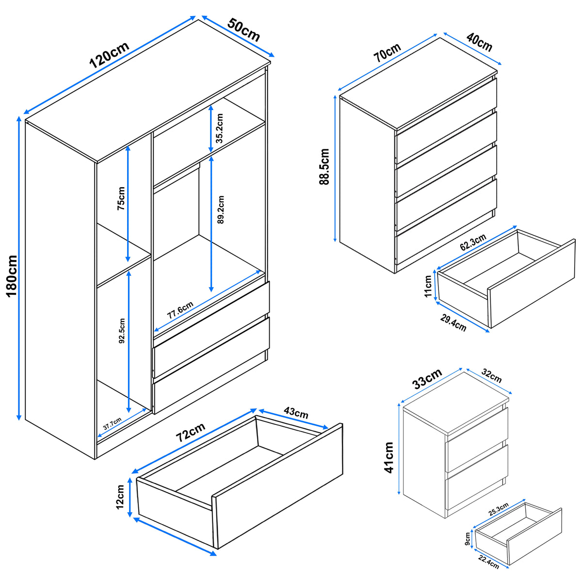 [Grey] Measurement diagram of grey high gloss 3 wardrobe bedroom set with chest of drawers and nightstand for layout planning.