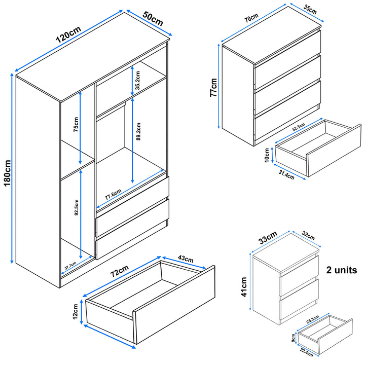 [Grey] Dimensions diagram of High Gloss 4 Piece Bedroom Set including wardrobe, chest of drawers, and bedside tables for accurate fitting