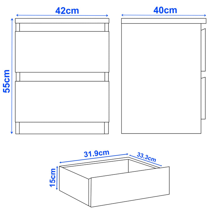 [Grey] bedside table dimensions: 42cm wide 40cm deep 55cm tall with 31.9cm x 33.3cm x 15cm drawers