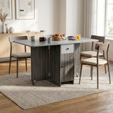 [Grey] Kitchen drop leaf table open featuring marble-effect top styled with four chairs, coffee, croissants, and juice.
