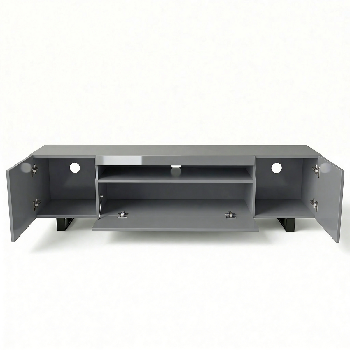 [Grey] Kystra TV stand on a plain white background, all doors open, side cabinets and centre drop-down door visible