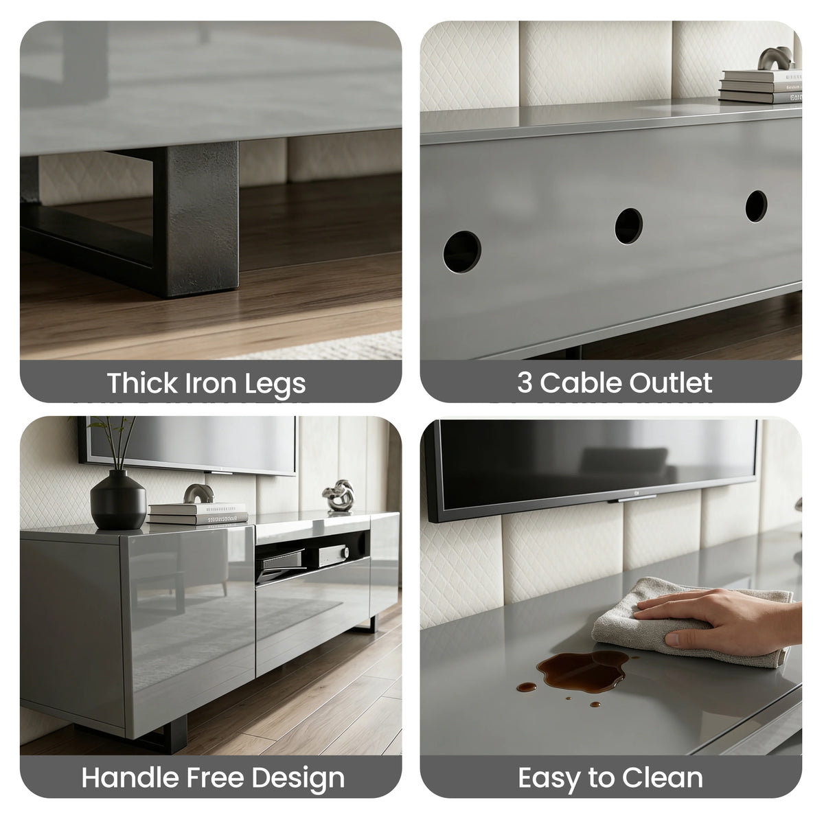 [Grey] Kystra TV stand four-panel feature collage: thick iron legs, three cable outlets, handleless fronts, easy clean