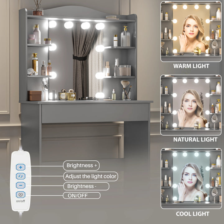 [Grey]  Makeup vanity with mirror and light showcasing three lighting modes, adjustable brightness and remote controls
