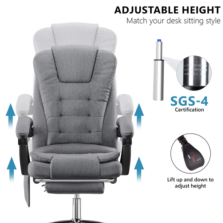 [Grey Linen] crafted in grey linen, this massage office desk chair is shown in height adjustment mode with piston control inset