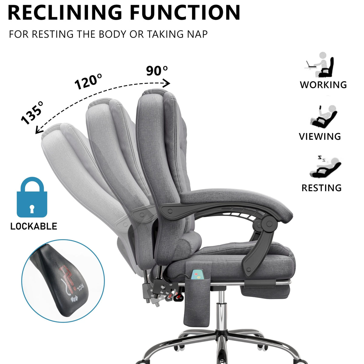 [Grey Linen] shown fully reclined, this grey linen reclining massage chair uses a knob mechanism for easy back angle control