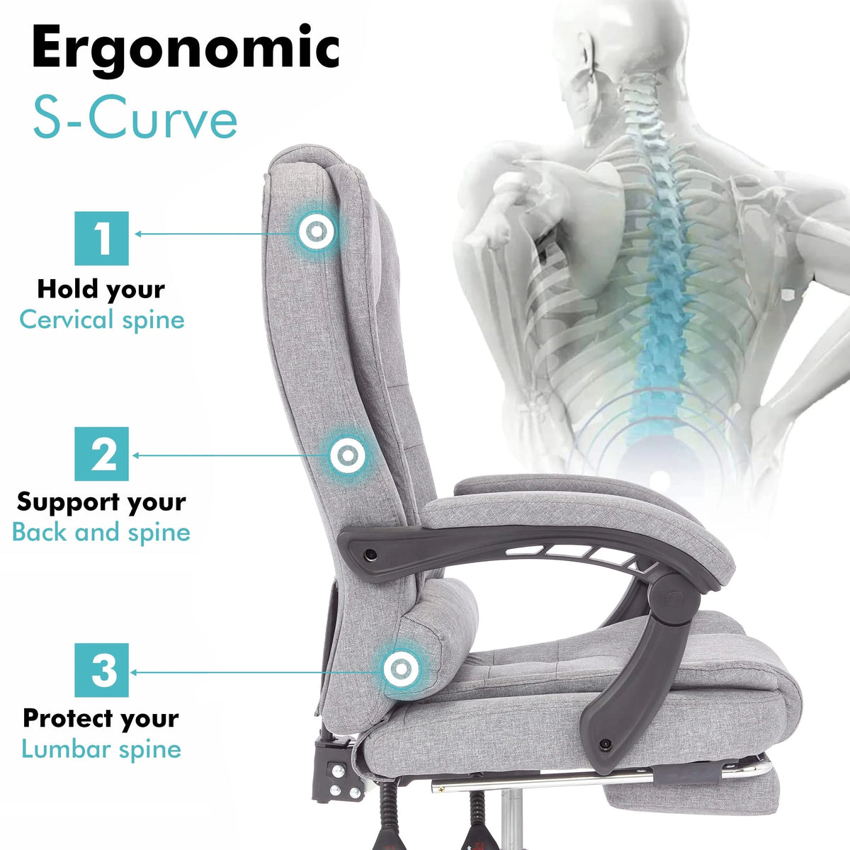 [Grey Linen] Recliner and swivel chair with ergonomic S-curve design for superior lumbar support and comfort.
